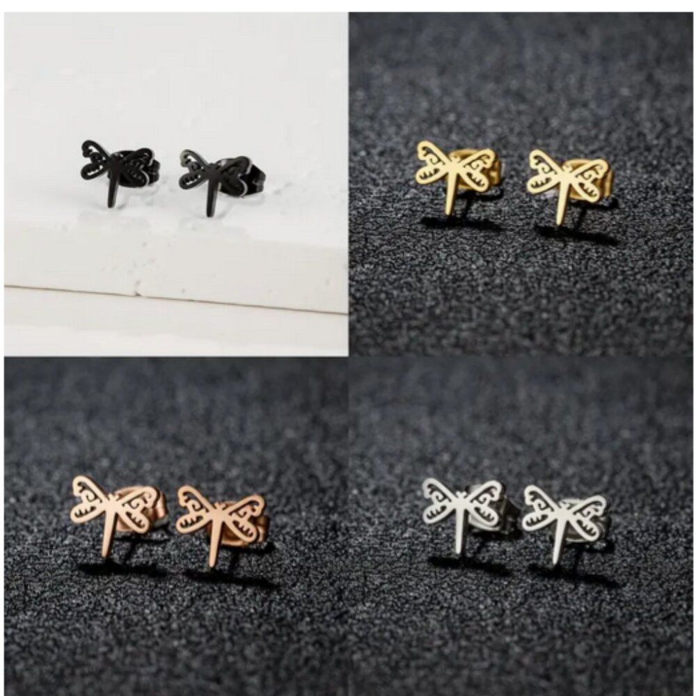 Stainless Steel Dragonfly Stud Earrings in Silver, Gold, Rose Gold, or Black